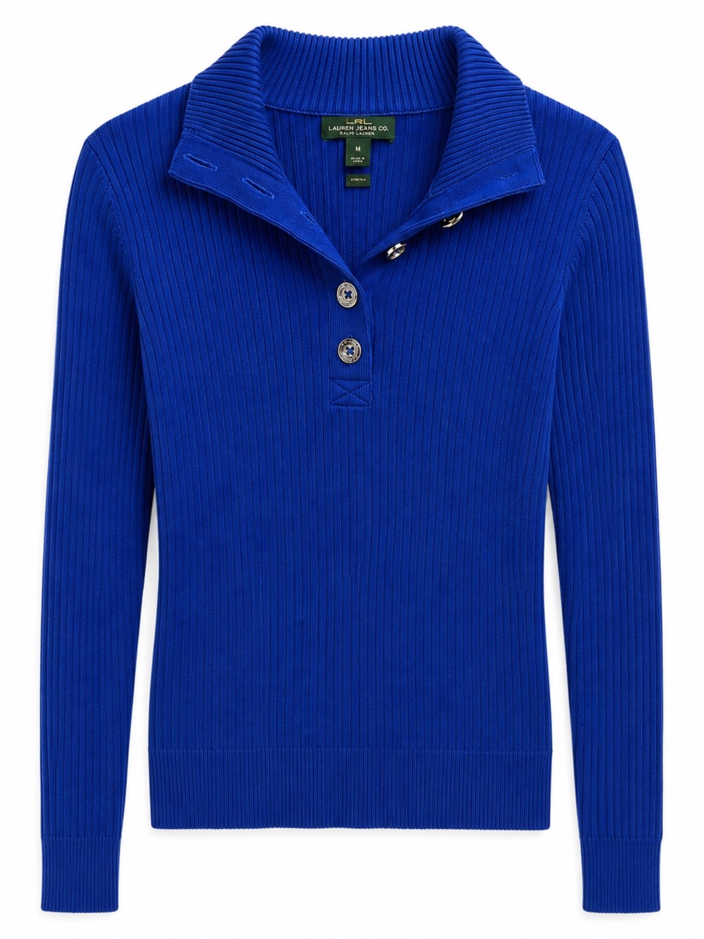 Ralph Lauren Rib Knit Henley Sweater Blue Fold Over Collar Women’s M Fitted